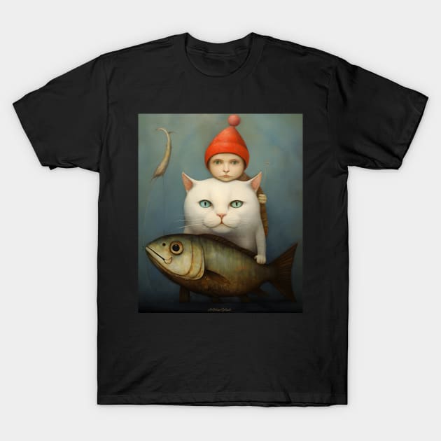 Boy, Cat and fish T-Shirt by ArtWearSplash